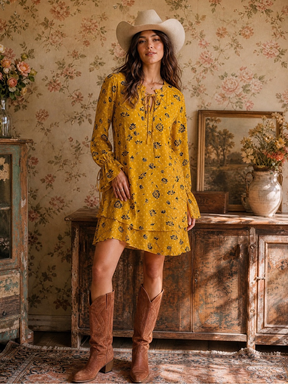 319 • Mustard Floral Tie-Neck Tiered Dress